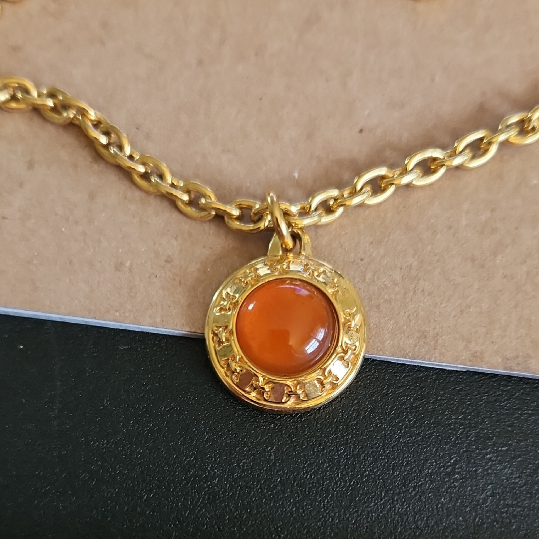 Salvatore Ferragamo Gold-Tone 17" Necklace With Orange Cabochon Pendant